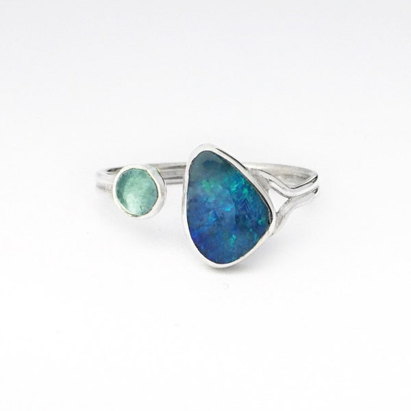 Adjustable Blue Opal and Apatite Sterling Silver Ring, October Birthstone Opal Silver Ring, Adjustable Natural Opal Gemstone Silver Ring