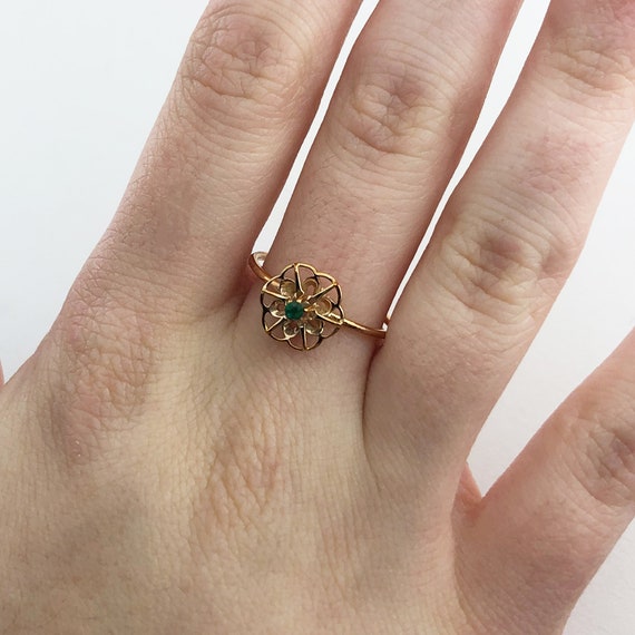 Antique Mandala Emerald 10K Gold Ring, Victorian … - image 10