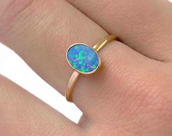 14k Gold Australian Opal Solitaire Ring: Natural Gemstone, Recycled Gold