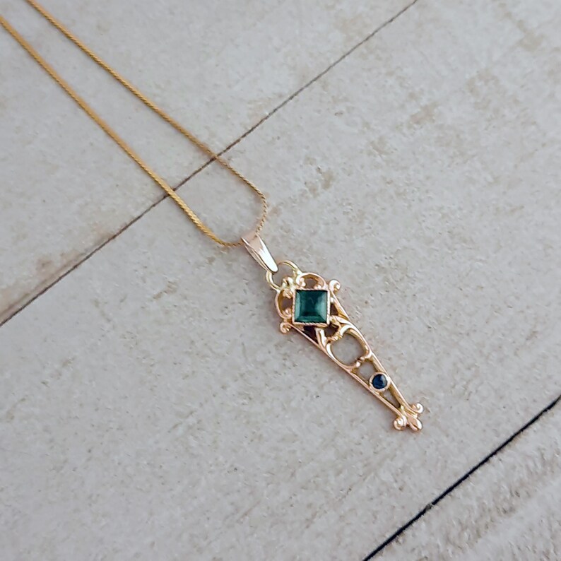Victorian 10K Gold Pendant: Green Tourmaline & Sapphire Antique Charm image 7