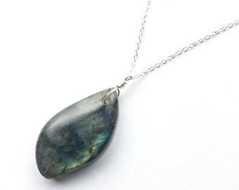 Large Labradorite Pendant on Sterling Silver 18” inch Chain, Labradorite Necklace