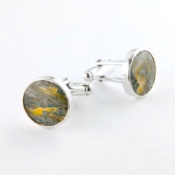 Red Moss Agate Cufflinks in Sterling Silver, Moss… - image 1