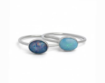 Australian Opal Ring in Sterling Silver: Solid White Opal, Semi Black Opal or Black Opal Triplet, Genuine Australian Opal Ring