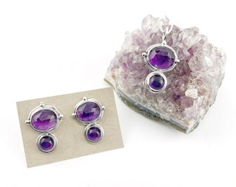 Elegant Faceted Amethyst Earring and Necklace or Pendant Set in Sterling Silver, Sterling Silver Rose Cut Amethyst Jewelry Set