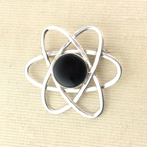 Ancienne Broche En Argent Massif 850 Avec Onyx - Bijou Vintage à Collectionner Ou à Porter