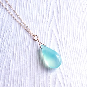 Aqua Green Chalcedony Teardrop Necklace and Earrings in 14K Gold Filled or Sterling Silver