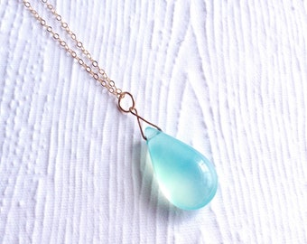 Aqua Green Chalcedony Teardrop Necklace and Earrings in 14K Gold Filled or Sterling Silver