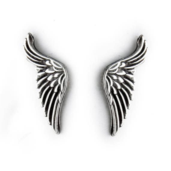 Small Angel Wing Post Stud Earrings Antiqued Sterling Silver Small Angel Wing Post Stud Earrings Antiqued Sterling Silver