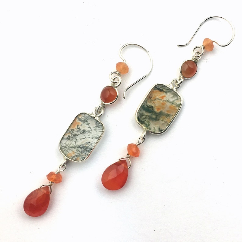 Carnelian and Agate Dangle Earrings Red Moss Agate Earrings in Sterling Silver