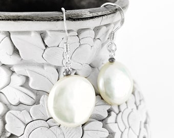 Simple White Coin Pearl Earrings in Sterling Silver, Round White Pearl Earrings in Sterling Silver, Simple Pearl Earrings in Sterling Silver