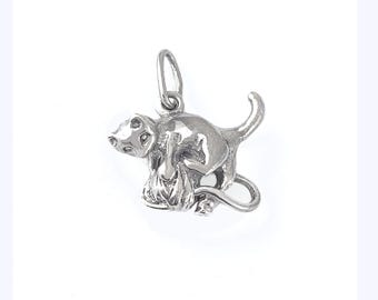 Cat with Ball of Yarn Sterling Silver Charm, Playing Cat Pendant, Silver Cat Charm
