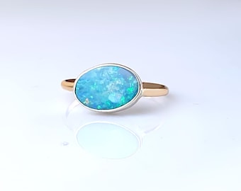 Australian Opal Ring, One of a Kind, Size 7 1/2, Natural Opal Sterling Silver and Gold Ring