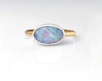 Large Australian Opal Ring, One of a Kind, Size 7 1/4, Natural Opal Sterling Silver and Gold Ring