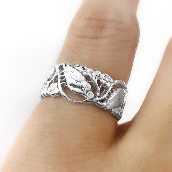 Love Birds Nest Ring in Sterling Silver, Birds and Branches Sterling Silver Ring, Intricate Birds and Flower Ring, Victorian Love Birds