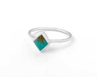 Diamond Turquoise Sterling Silver Ring: Silver Stacking Ring, Minimalist Ring, Genuine Turquoise Ring
