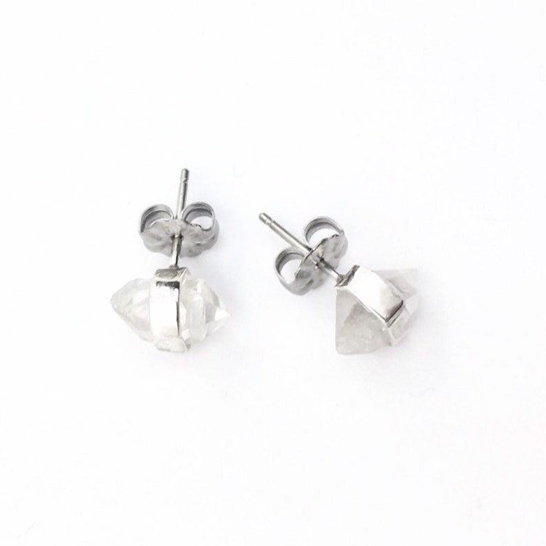 Herkimer Diamond Timy Stud Earrings in Sterling Silver, Raw Herkimer Quartz Earrings image 1