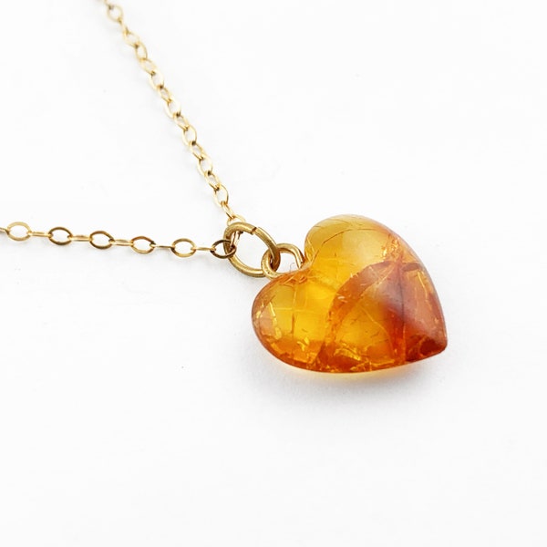 Baltic Amber Heart Charm Pendant in 14k Gold Filled, Amber Amber Heart Charm, Natural Baltic Amber Copal Charm with or without chain