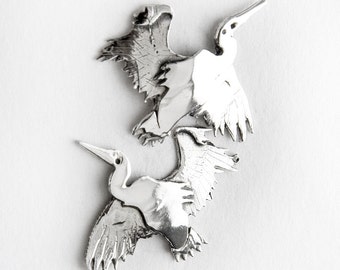 Heron Sterling Silver Post Earrings, Heron Sterling Silver Stud Earrings, Realistic Animal Jewelry, Flying Bird Jewelry, Crane Earrings