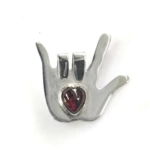 Sterling Silver &quot;I Love You&quot; Sign Language Pin with Garnet Heart