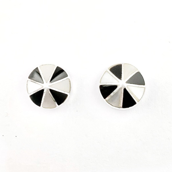 Little Black and White Inlay Stud Earrings in Sterling Silver, Black Onyx and Mother of Pearl