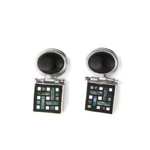 Opal Knot Mosaic Earrings with Black Onyx and Sterling Silver, Opal Stud Earrings, Opal Post Earrings, Black Onyx Earrings
