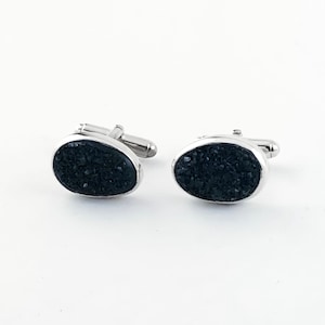 Black Druzy Sterling Silver Cufflinks: Oval Gemstone Crystal Cuff Links