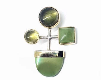 14k Art Deco Miro Pendant with Turquoise and Tourmaline, 14k Gold and Sterling Silver Modernist Pendant, Vintage Mod Geometric Miro Pendant