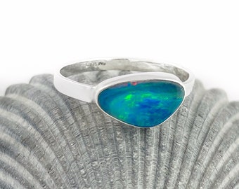 Large Australian Opal Ring in Sterling Silver, Natural Big Opal Ring, Silver Blue Opal Ring, Ethically Mined Opal, Custom Opal Ring