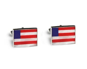 American Flag Cufflinks in Sterling Silver, USA Flag with Lapis, Red Jasper and Mother of Pearl in Sterling Silver