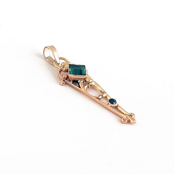 Antique Green Tourmaline and Sapphire 10K Gold Pe… - image 3