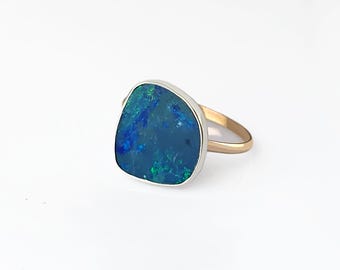 Large Australian Black Opal Ring, One of a Kind, Size 8, Natural Opal Sterling Silver and Gold Ring