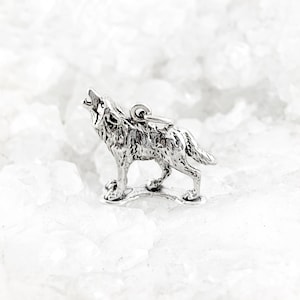 Howling Wolf Charm Pendant in Sterling Silver, Howl at the Moon Wolf Charm in Sterling Silver, Gray Wolf Charm in Sterling Silver