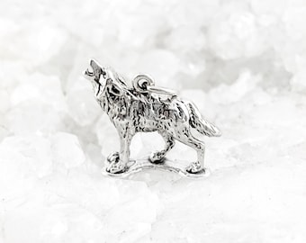 Sterling Silver Howling Wolf Charm Pendant, Vintage Patina, Silver Charm, Wolf Pendant