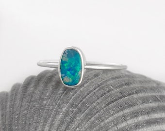 Australian Opal Stacking Ring in Sterling Silver, Stackable Minimalist Oval Opal Ring, Genuine Opal Ring, Ethically Mined Opal, Custom Opal