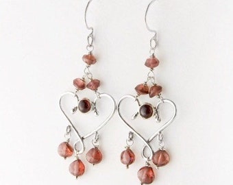 Garnet Heart Chandelier Earrings in Sterling Silver, Red Dangle Earrings