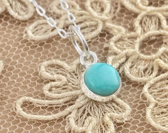 Genuine Turquoise Charm in Sterling Silver, Little Round Blue Turquoise Pendant, Antique Turquoise, American Turquoise Necklace