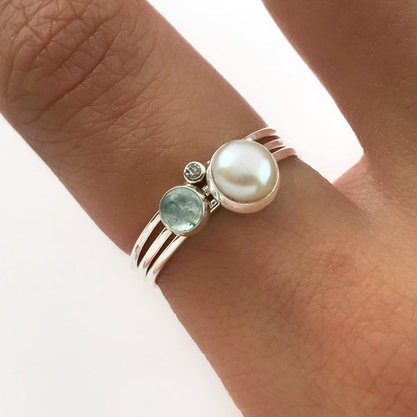Akoya Pearl and Diamond Stacking Ring Set in Sterling Silver, Lustrous Saltwater White Pearl Stacking Ring with Diamond and Aquamarine,