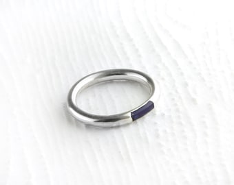 Simplistic Lapis Sterling Silver Ring, Minimalist Lapis Lazuli Ring, Blue Lapis Lazuli Stacking Ring in Sterling Silver Size 7