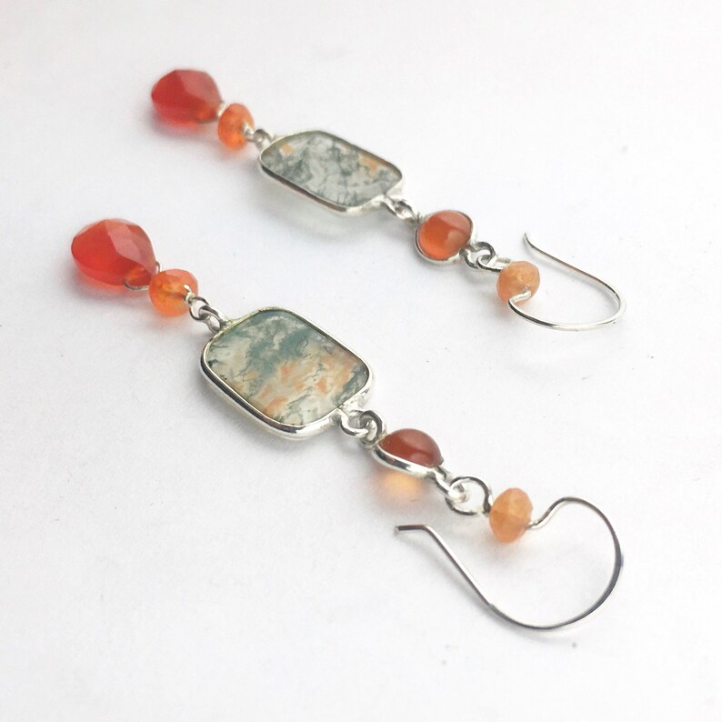 Carnelian and Agate Dangle Earrings Red Moss Agate Earrings in Sterling Silver