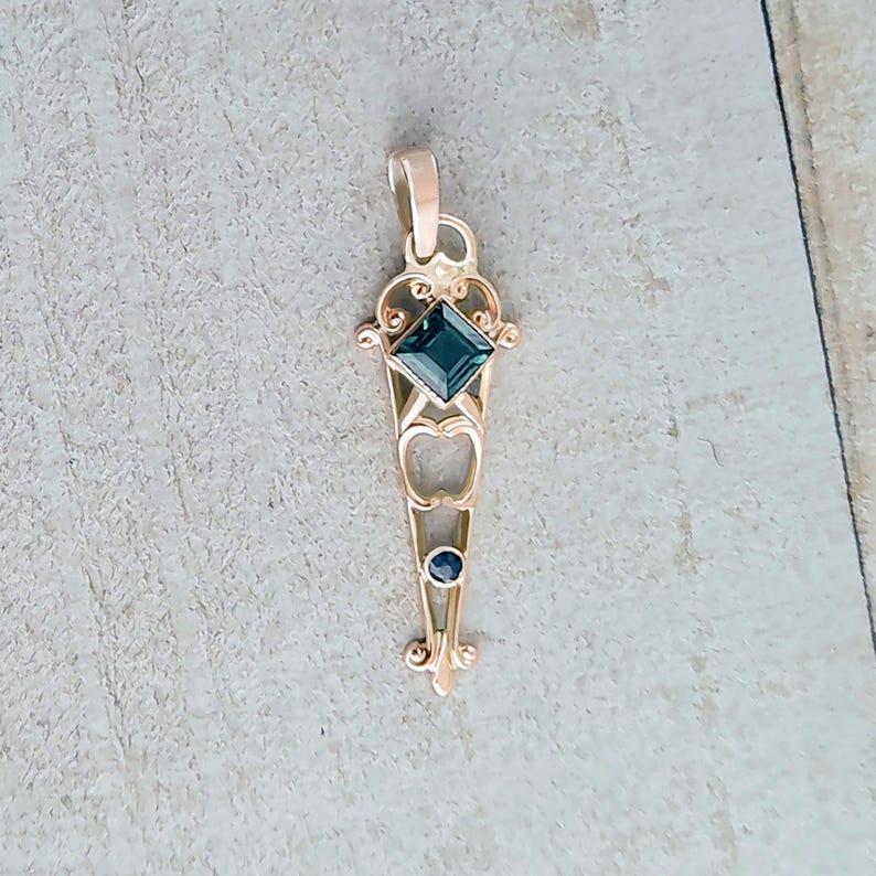 Victorian 10K Gold Pendant: Green Tourmaline & Sapphire Antique Charm image 2