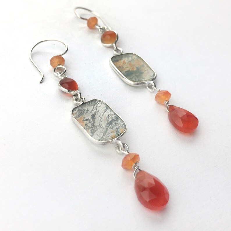 Carnelian and Agate Dangle Earrings Red Moss Agate Earrings in Sterling Silver