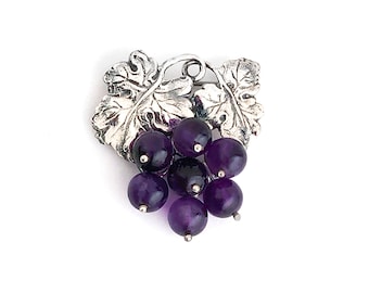 Grape Vine Brooch with Amethyst, Sterling Silver Brooch, Grape Bunch Pin, Purple Grapes Brooch, Cabernet Sauvignon, Silver Grape Pin