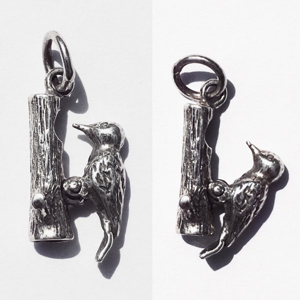 Moving Woodpecker Sterling Silver Charm: 3D Bird Lover Gift, Movable Bird Pendant