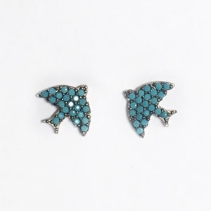 Sterling Silver Turquoise Bird Studs: Pave Swallowtail Earrings
