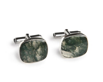 Handmade Moss Agate Cufflinks: Sterling Silver, USA Gemstone