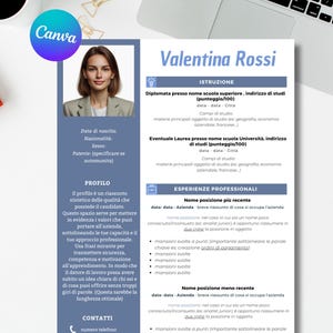 Curriculum Vitae Personalizzabile con foto Canva Blu |  CV Moderno Professionale, Unico, Accattivante, Versatile | Digitale da Scaricare
