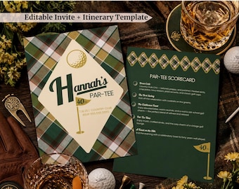 Golf-Geburtstags-Einladung & Reiseplan | Par-Tee 40. Geburtstag einladen | Country Club Golfparty | Bearbeitbare Canva Vorlage | Digital