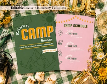 Camp Bach Bachelorette Invitation Template | Editable Canva Invite & Weekend Itinerary | Glamping Camp Bachelorette | Digital Download