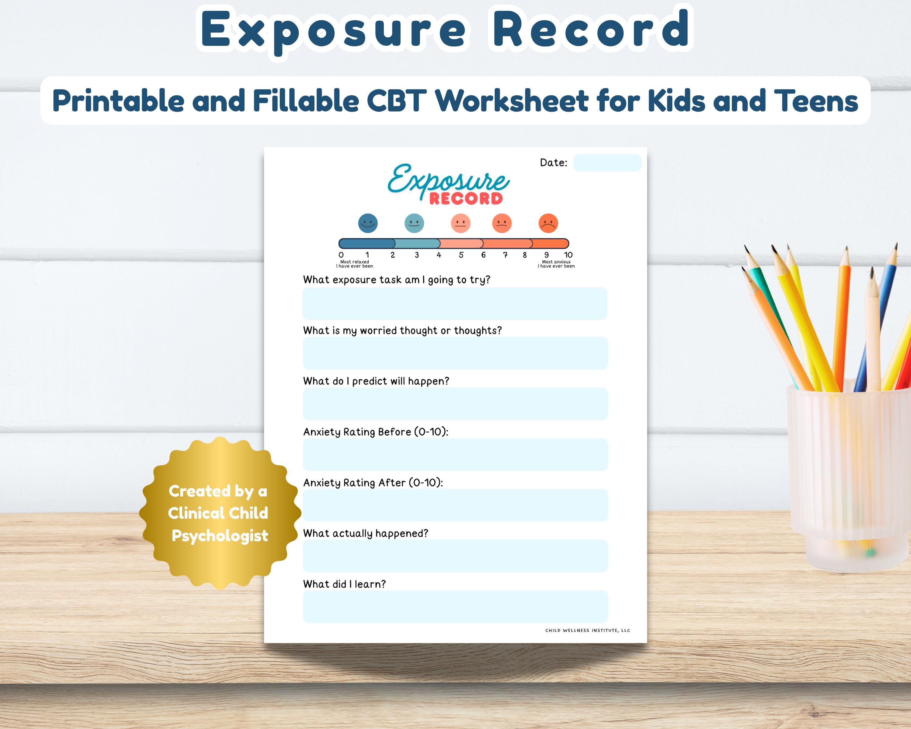 CBT Exposure Record Worksheet for Kids Teens | Printable Fillable PDF ...