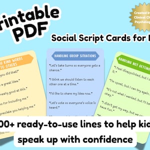 Puede incluir: Un conjunto de tarjetas de guiones sociales en PDF imprimibles para niños con tres tarjetas de colores con texto. Las tarjetas incluyen frases para decir palabras amables, manejar situaciones grupales y manejar la frustración, con más de 100 líneas.